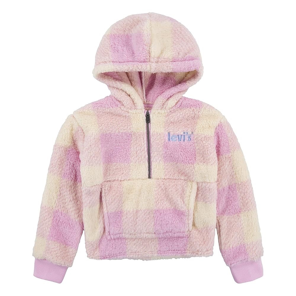 LEVI’S big girls  Sherpa Pink and Cream Plaid Pullover Hoodie